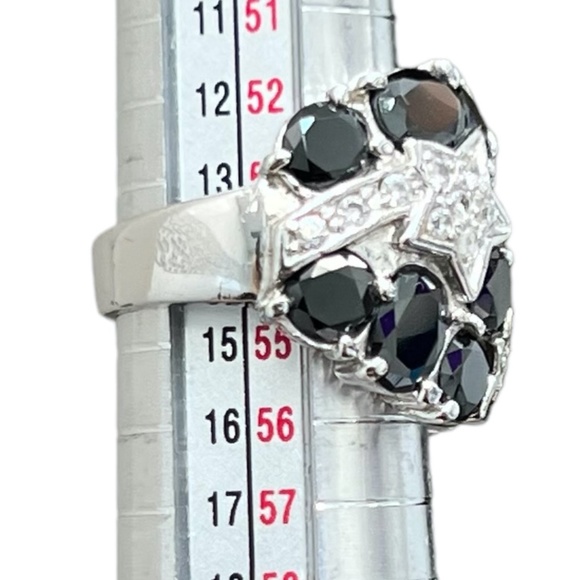 STERLING SILVER BLACK & CLEAR CRYSTALS NIGHT SKY WITH STARS COCKTAIL RING SIZE 7 - Picture 14 of 16